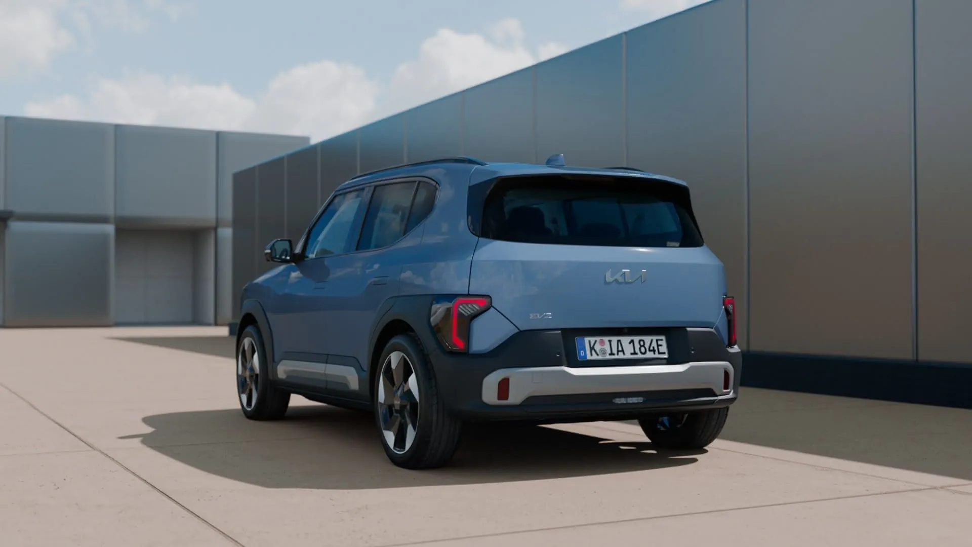 Kia EV2 zezadu mezi betonovými stěnami